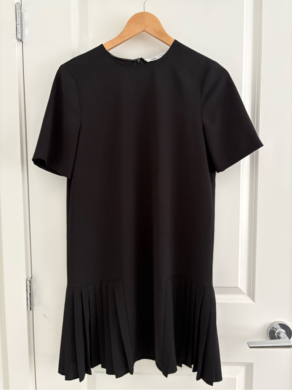 Zara Black Short-Sleeve Mini Dress with Pleated Hem